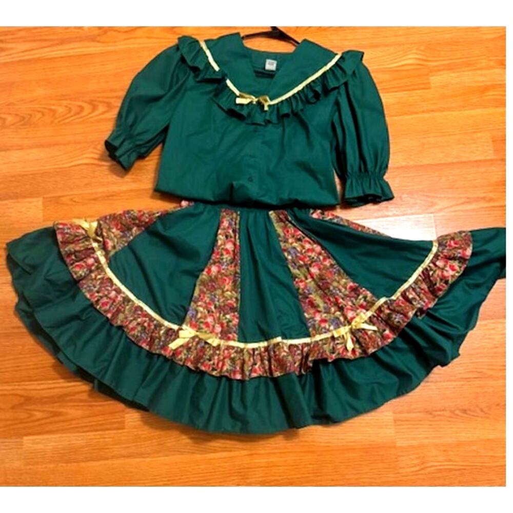 Vintage 2 Piece Malco Modes Rockabilly Square Dance Green Floral Set M